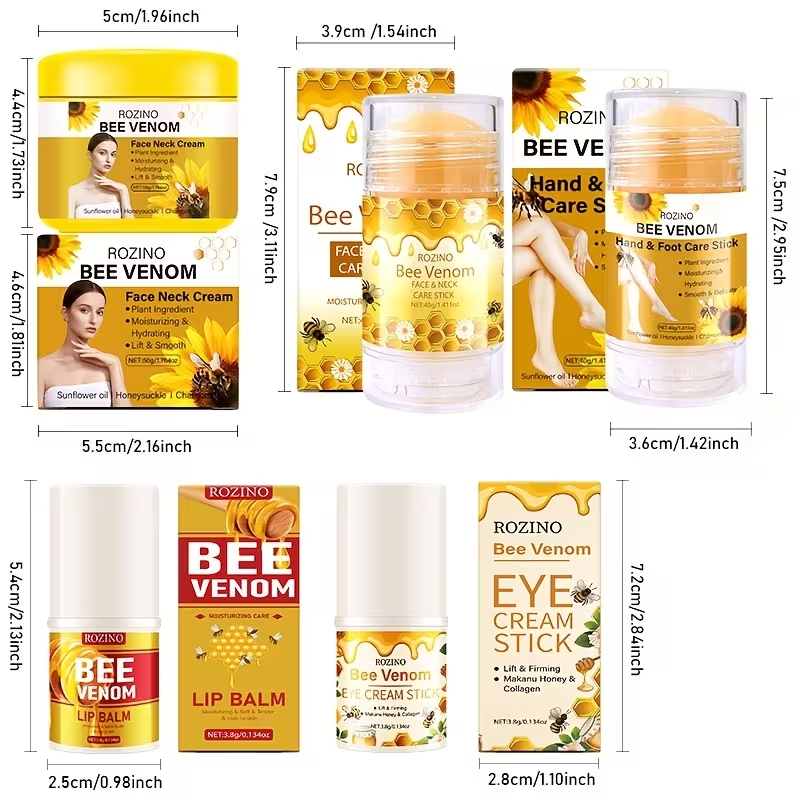 5pcs Bee Venom Care Combination, used for various purposes such as lip, face, neck, hands, feet, and body care. It is moisturizing, comprehensive, lightweight, non greasy, quickly absorbed, gentle and non irritating, portable and easy to use, Hand