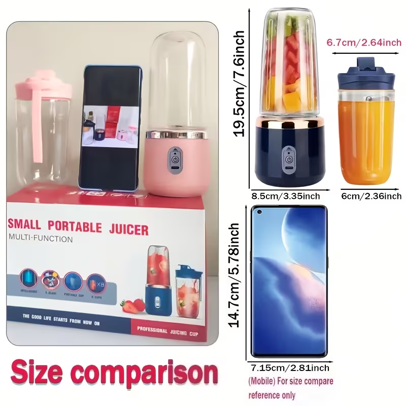 Portable Juicer That Can Be Charged Via USB, Comes with Two Cups, Features a Sport Cup Lid, And Is Multifunctional. It Has a Design And a Six-Blade System for Quick Juicing, Producing Smooth Juice, Making It Ideal for Home, Kitchen, And Travel Use