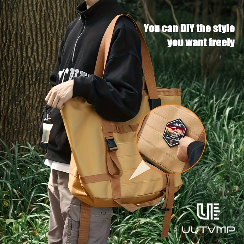 This outdoor khaki tote bag features multiple compartments and can be worn on the shoulder, by the hand, or crossbody for various occasions, including camping, hiking, outdoor commuting, and everyday outings.