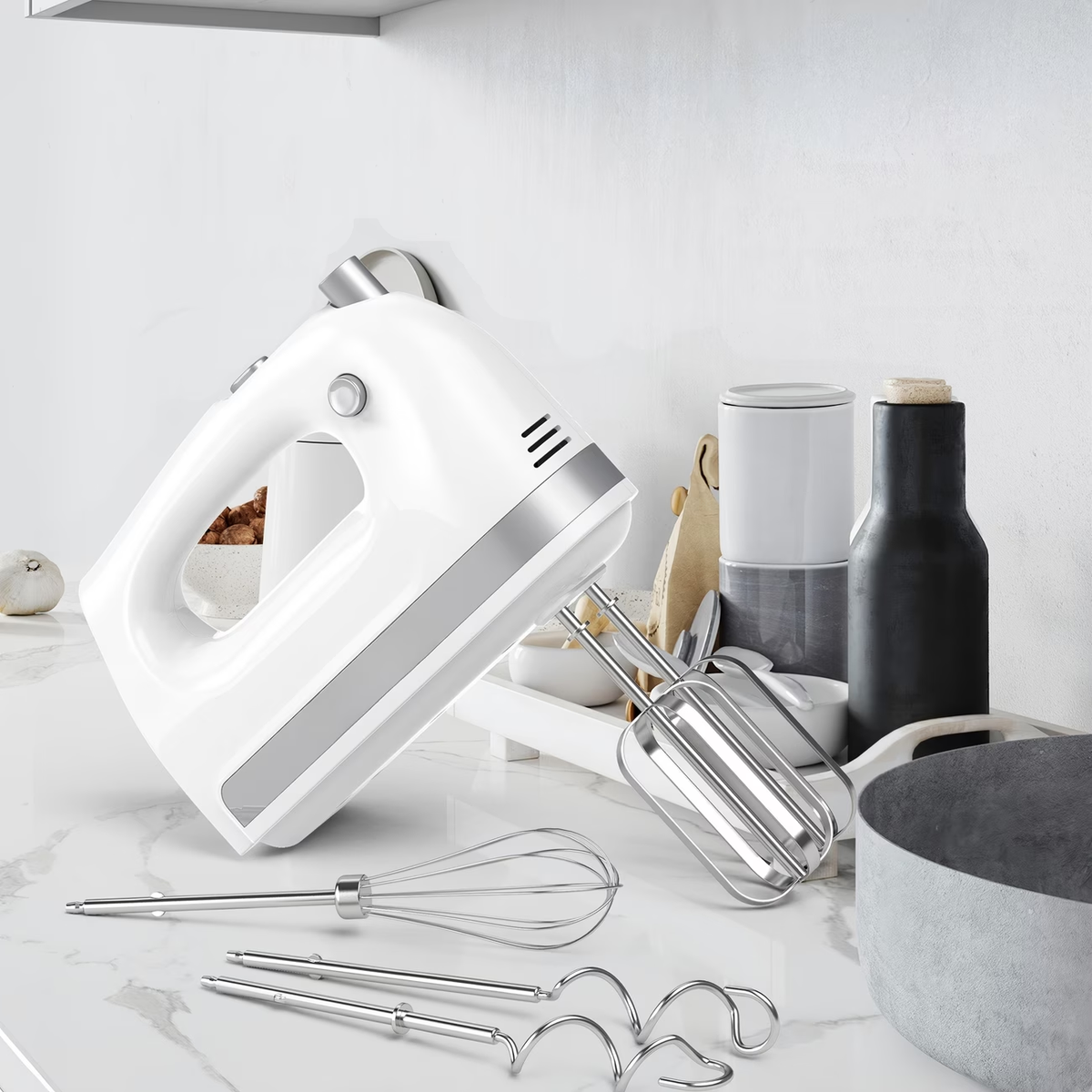 Electric Hand Mixer Complete Set with Attachment Storage Case, Includes 5 Stainless Steel Accessories, Turbo Boost & 5-Speed Settings for All Baking Needs
