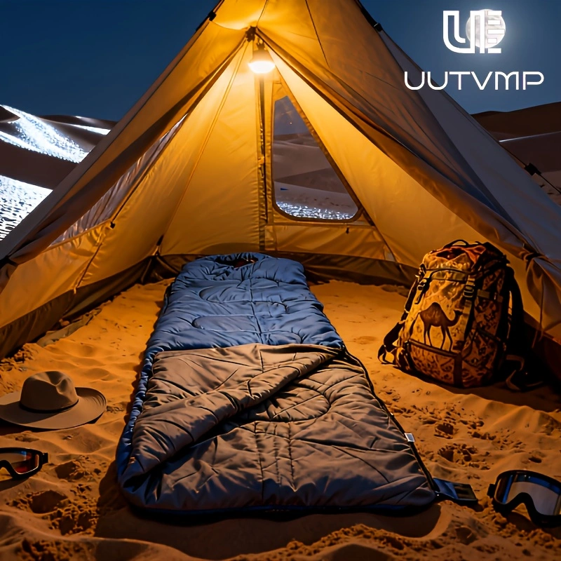 A blue envelope sleeping bag, modular and suitable for camping, hiking, trekking, cycling, travel, and other outdoor activities.