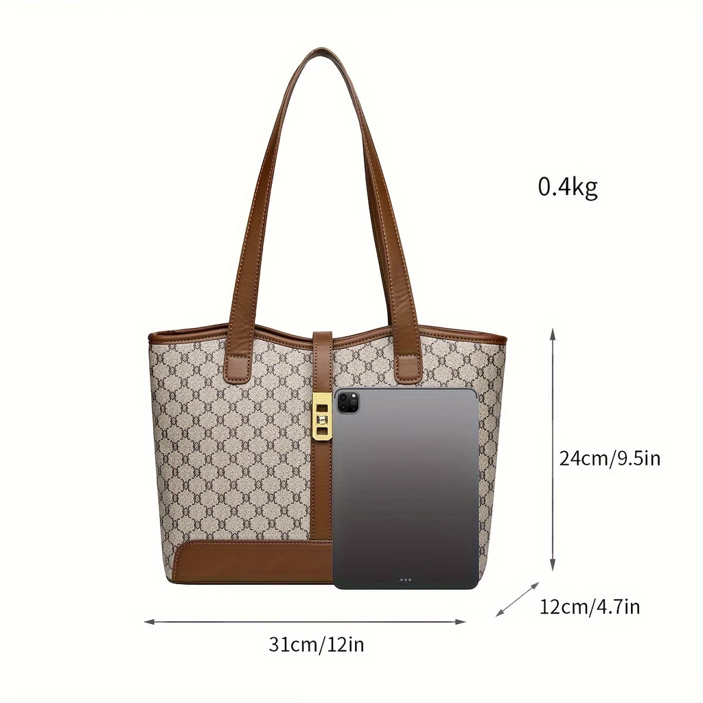 Women's Large Capacity Tote Bag - Coffee & Gray with Golden-Tone Hardware, Zipper Closure, Sturdy Handles & Detachable Shoulder Strap for Work, Travel, Everyday Use, Elegant Handbag, Oiled Edge Construction