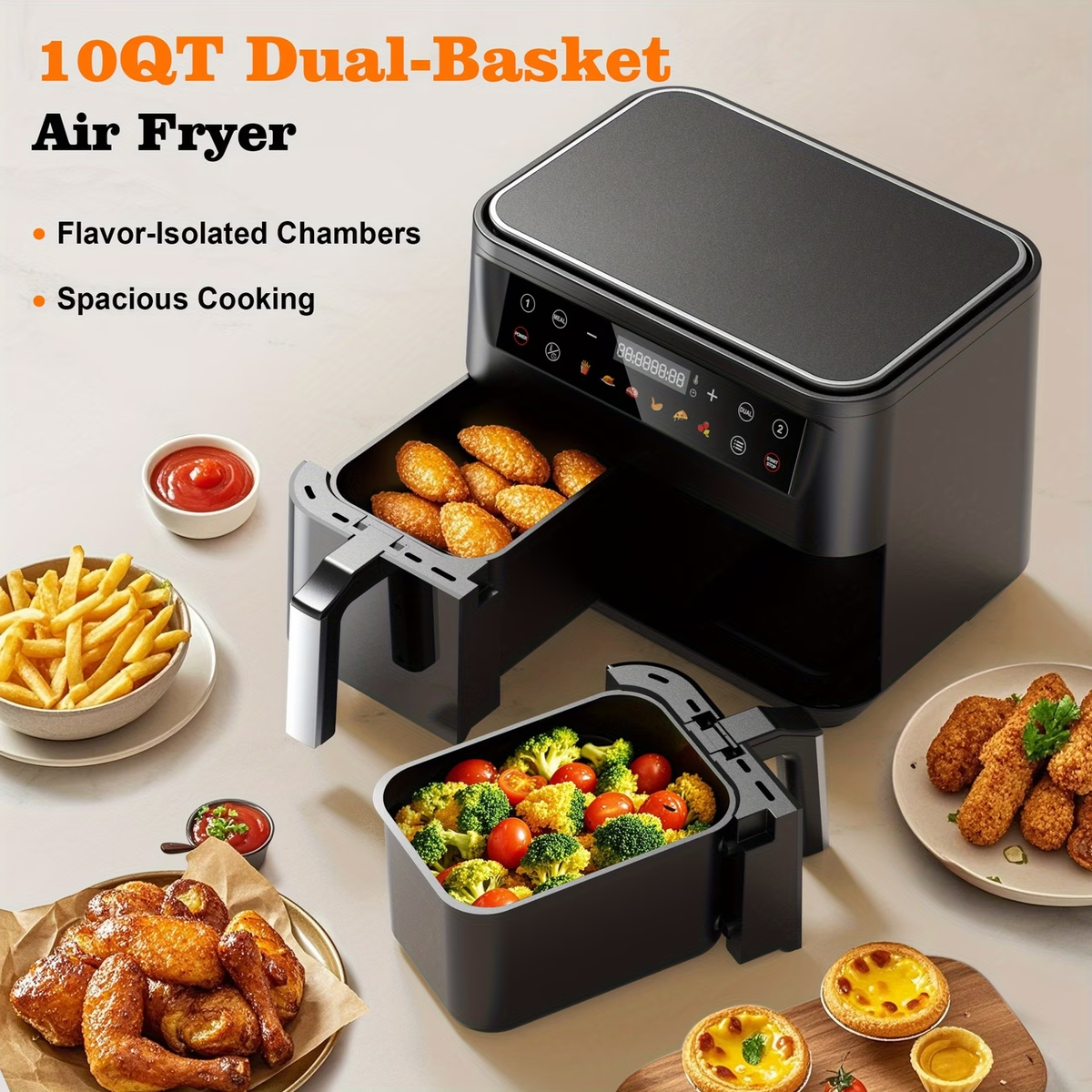 10Qt 10-in-1 Dual Air Fryer, Fresh Balanced Meals for Family And Children with Double Baskets, Sync Cook & Finish to Bake, Roast, Reheat, Broil for Easy Cooking, Dishwasher Safe - Includes Air Fryer Paper Liners 50pcs, Christmas Gift