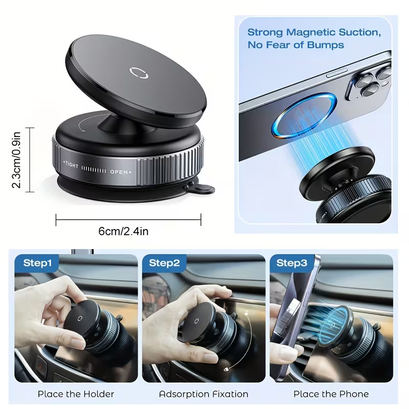 Adjustable Vacuum Magnetic Suction Cup Phone Holder, Suitable for Car/Gym/Mirror/Smooth Surfaces Hands-Free Stand, Compatible with All Smartphones