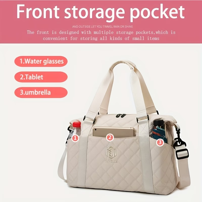 Large Capacity Quilted Travel Duffel Bag with Rhombus Pattern, Solid Color Overnight Carry-On Tote with Multiple Storage Pockets