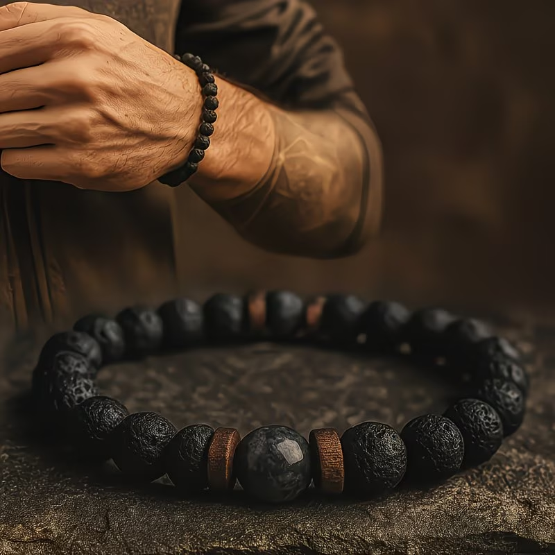 1pc Men'S Vintage Natural Stone Bracelet, Featuring Essential Oil Beads - Black And Brown, Suitable for Everyday Wear, Perfect for Father'S Day, Valentine'S Day, Christmas, Halloween, Thanksgiving