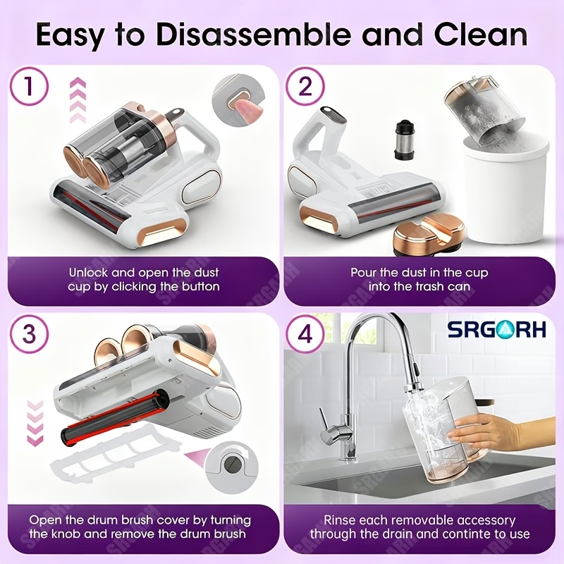 3-minute Fast Charging Cordless Mattress Vacuum Cleaner, 16Kpa Suction Power, 253.7nm UV Light And 80, 000 RPM Sonic Technology, Portable Double Cup Handheld USB Rechargeable, Suitable for Beds, Fabric Sofas, Carpets, Mother's Day Gift