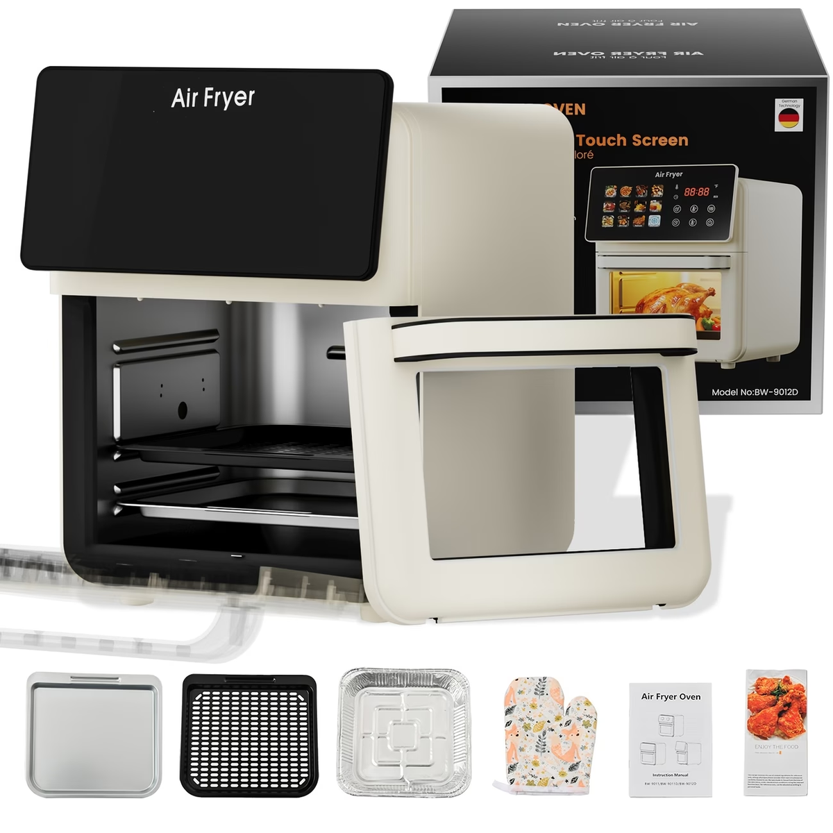 2.64gal Large Pro Air Fryer Oven with Grill Combo for Kitchen Use, 12-In-1 Smart Convection Ovens, Air Fryer with Glass Viewing Window, Nonstick Basket, Fryer Liners, Removable Door - White