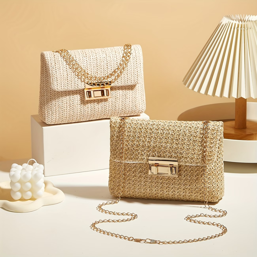Women'S Straw Woven Shoulder Bag Handwoven Crossbody Bag Chain Closure Square Bag