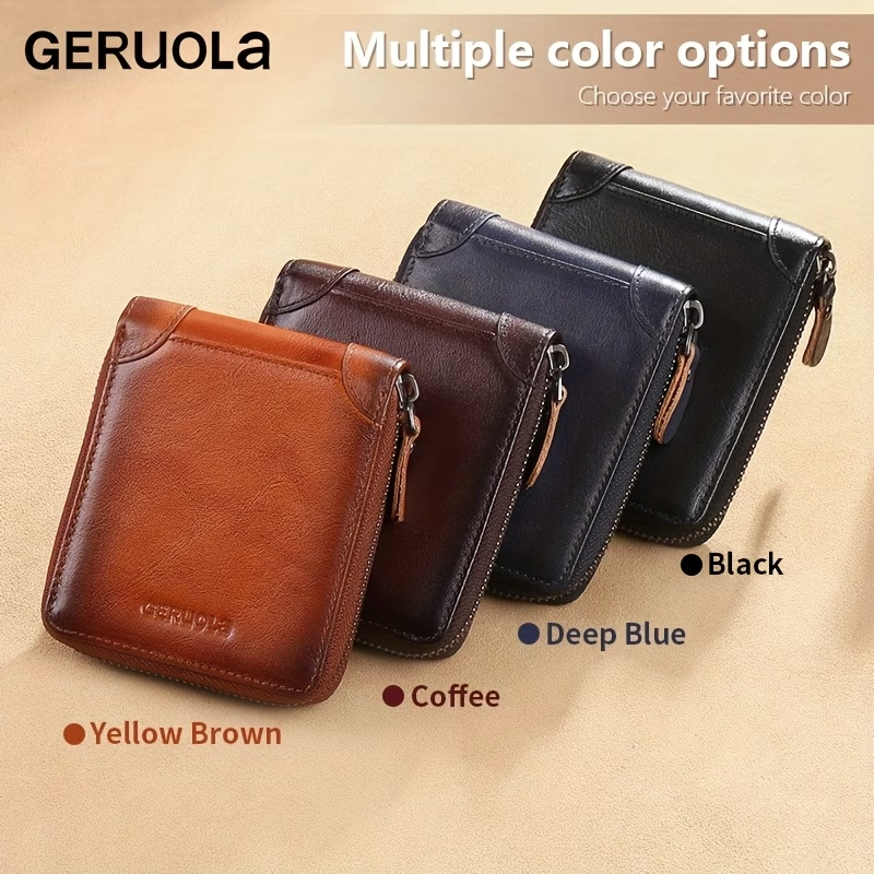 Men'S New Genuine Leather Short Wallet with Large Capacity, Zipper, Tri-Fold Design, And Ultra-Thin Cardholder