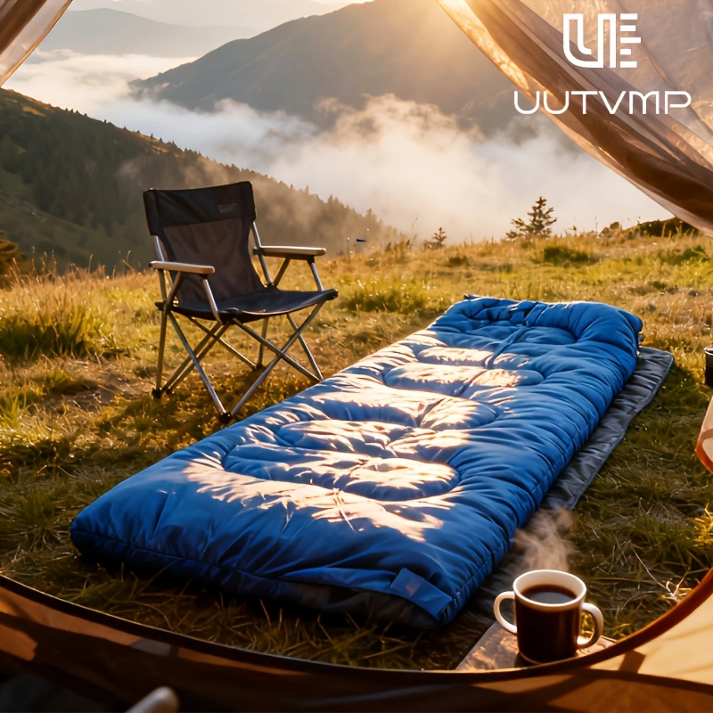 A blue envelope sleeping bag, modular and suitable for camping, hiking, trekking, cycling, travel, and other outdoor activities.