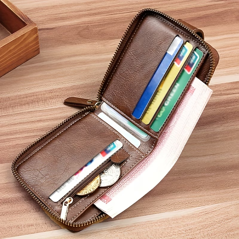 1pc, Fashionable Bark-pattern Brown PU Credit Card Holder with Zipper and Snap Closure, Small Zippered Coin Pouch, Zipper Button Closure, Business Style, Futuristic Zipper Wallet, ID Card Holder, Thanksgiving, Christmas, Warm Winter New Arrival