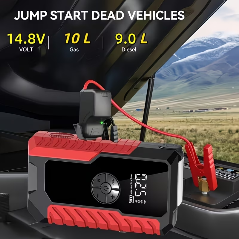 10000A 7-in-1 Multifunctional Emergency Jump Starter With 150PSI Air Pump, Digital Tire Inflator, Portable Car Battery Charger, Up To 2.64gal Gas/2.38gal Diesel, LED Emergency Light & USB Charging, Car Emergency Tool.Suitable As A Holiday Gift.