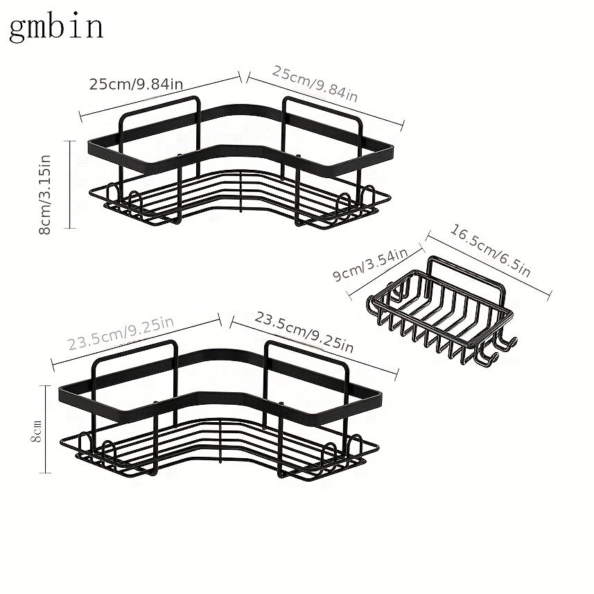 No-drill metal bathroom corner shelf set (3 pieces), wall-mounted bathroom triangular shelf, toilet and bathroom toiletries storage rack, multi-purpose kitchen spice rack.
