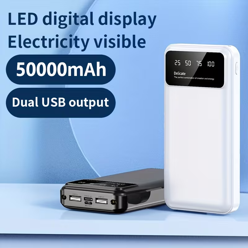 A Portable Power Bank with a Capacity of 50000Mah, Suitable for Charging Mobile Phones And Android Devices, Featuring an LED Display for Power Output And a Flashlight, Ideal for Outdoor Travel As an Emergency Power Source, Backup Battery Pack