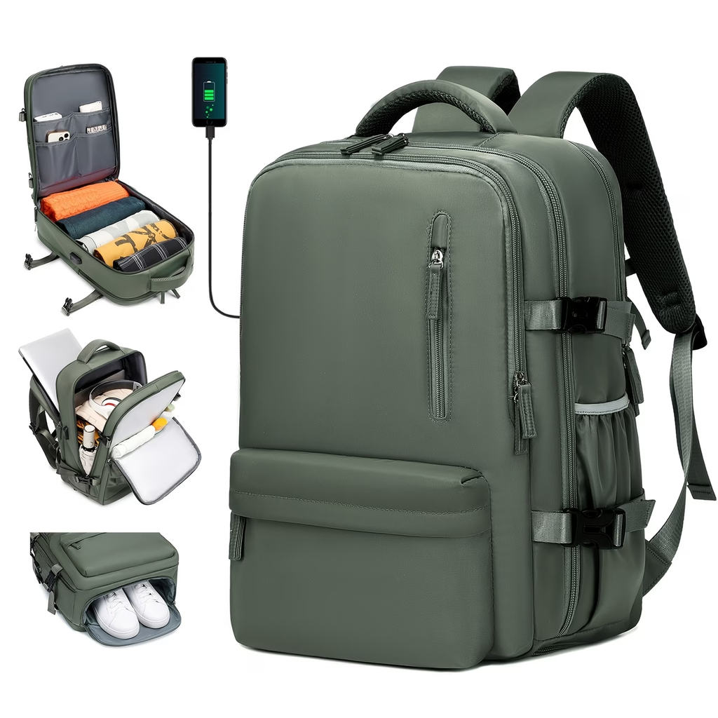 Airline-Approved Large Capacity Travel Backpack with 16" Laptop Compartment, Shoe Pocket & Multi-Pocket Organizer - Durable 180° Open Top, USB Charging, 360° Spinner Wheels for Business, Gym, School, Travel Backpack