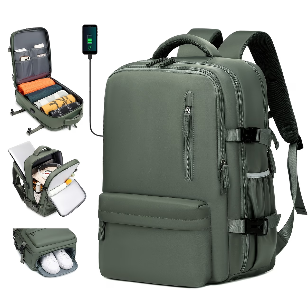 Airline-Approved Large Capacity Travel Backpack with 16" Laptop Compartment, Shoe Pocket & Multi-Pocket Organizer - Durable 180° Open Top, USB Charging, 360° Spinner Wheels for Business, Gym, School, Travel Backpack
