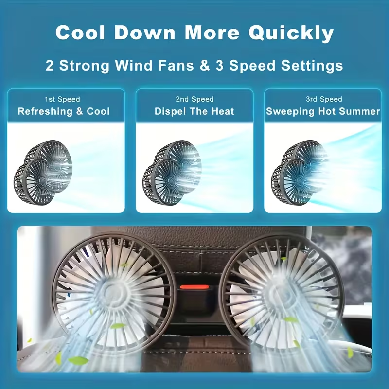 Car mounted RV silent fan, dual fan, car mounted fan, dual head rear ventilation fan, powerful wind power, 360 degree rotation, super large airflow, ultra quiet operation, easy to clip and install, suitable for cars and homes