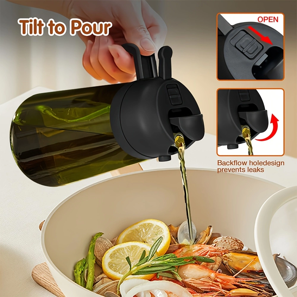 2-piece openable push-button oil spray bottle, 470ml glass spray and invert dual-use oil bottle, household olive oil spray bottle, automatic back-suction nozzle, double seal to prevent leakage when inverted.