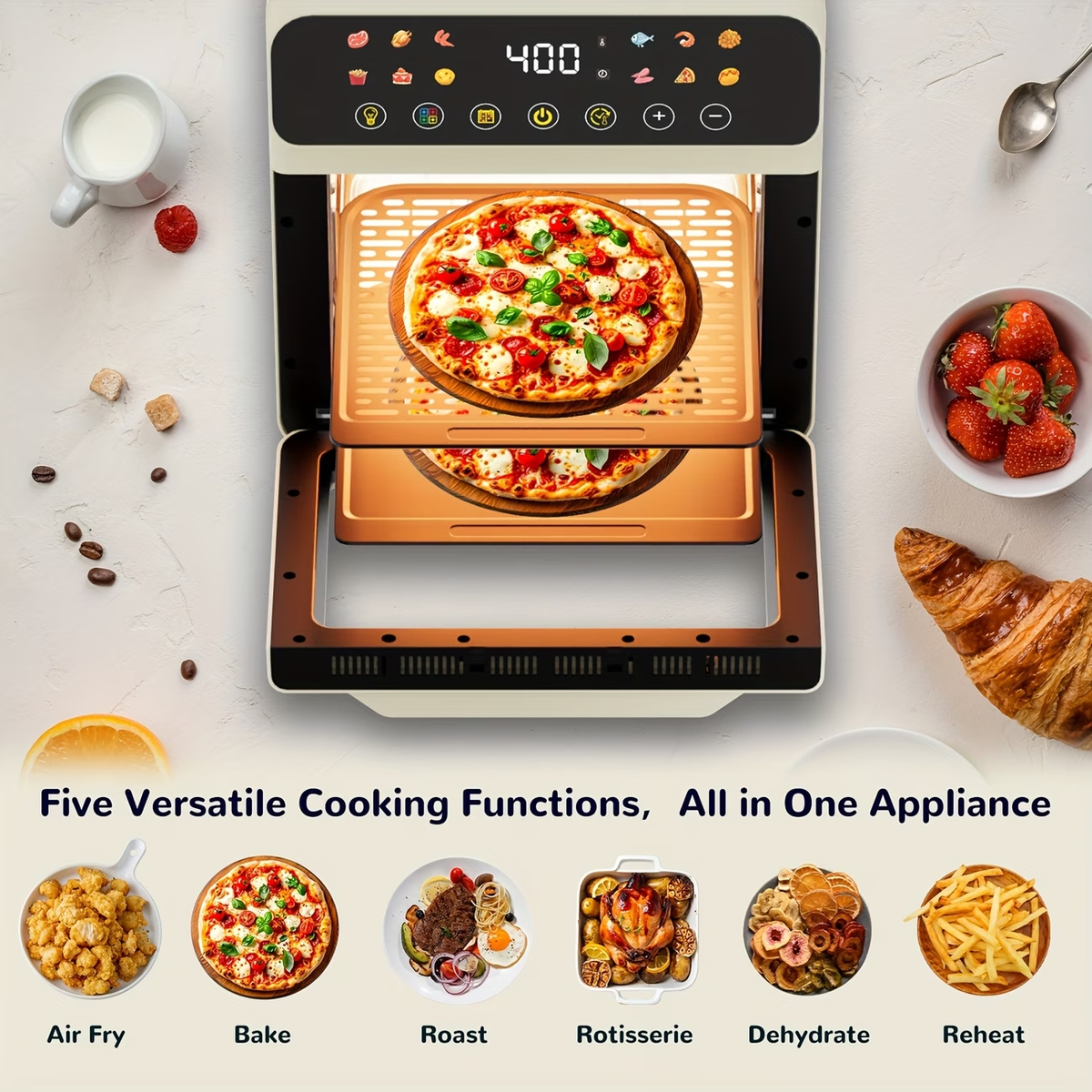 [Smart Air Fryer Oven] 12-in-1 Large 12-quart Air Fryer Oven | 12 One-Touch Preset Functions, Smart Cook Program, Two Baking Pan Accessories, Viewing Window, Interior Light, Adjustable Time & Temp, Oil-Free Family Cooker, Kitchen Appliances