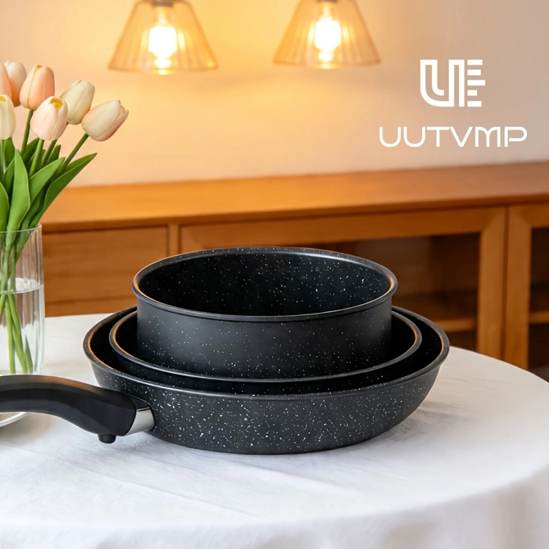 Non-stick cookware set (3 pieces): 2 frying pans + 1 saucepan + 1 cookware set with detachable handle.