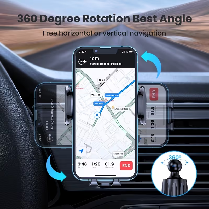 Car Phone Holder Mount, Car Mount with Hook Clip for Car Air Vent 360° Rotation Phone Mount Compatible with Iphone Android Cell Phone