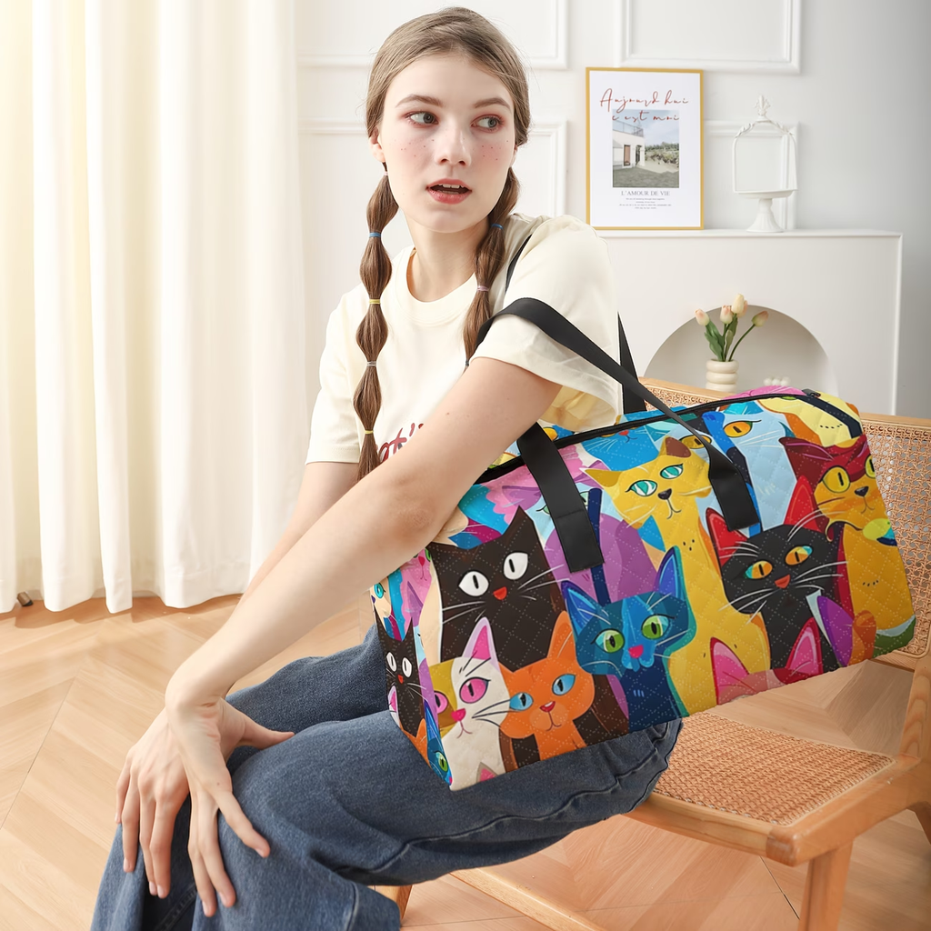 Cartoon Abstract Kitten Pattern Printed Handbag, Diamond Grid Large Capacity Travel Luggage Bag, Portable Overnight Bag, Fashionable Travel Bag, Yoga Training Bag, Portable Crossbody Bag with Shoe Storage
