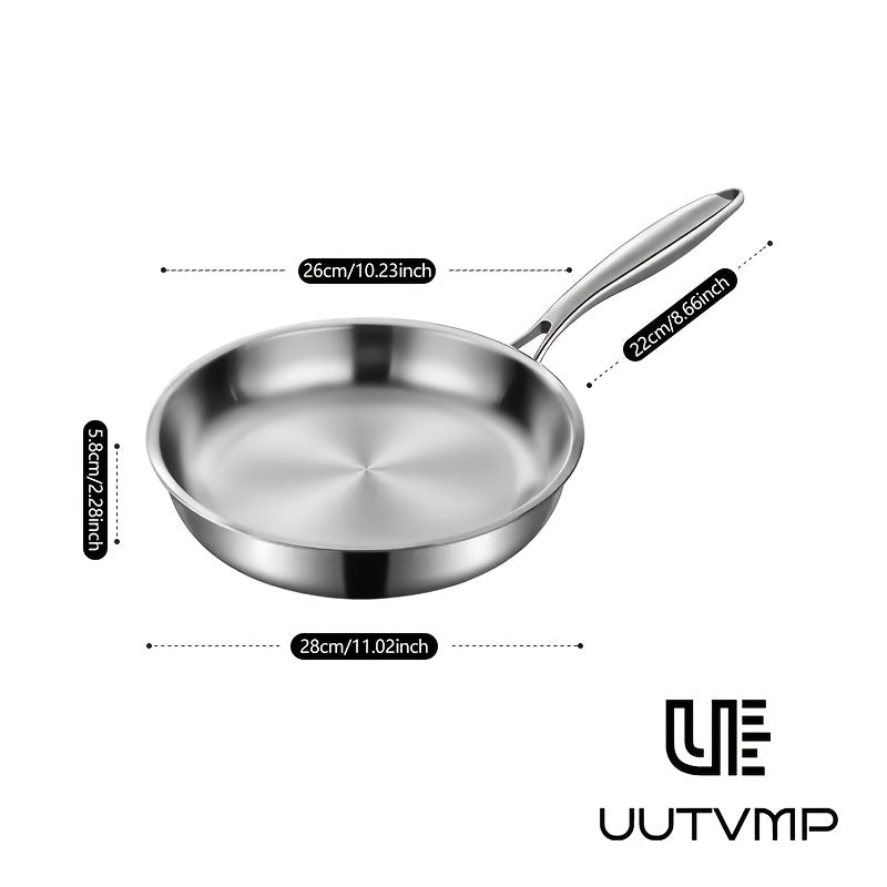 Uncoated stainless steel single handle frying pan, 11.02 inch flat bottomed healthy non chemical coating, evenly heated, universal for induction cookers and gas stoves, suitable for frying eggs, steaks, and dumplings