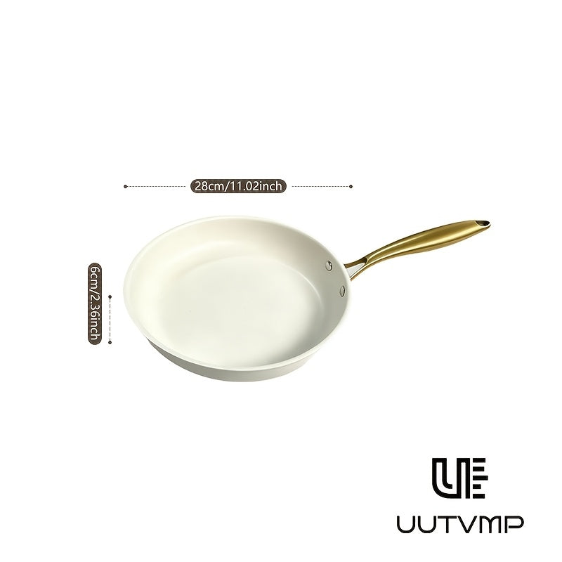 High appearance cream white non stick frying pan, golden handle, pot diameter 11.02 inches, flat bottom with uniform thermal conductivity