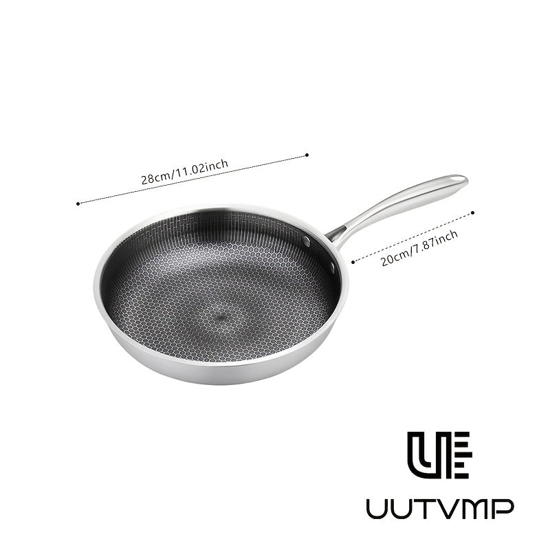 Stainless steel honeycomb frying pan kitchen utensil, thickened high-quality stainless steel with integrated solid steel handle, 3D suspended honeycomb, physically non stick and non chemical coating, scratch resistant and wear-resistant