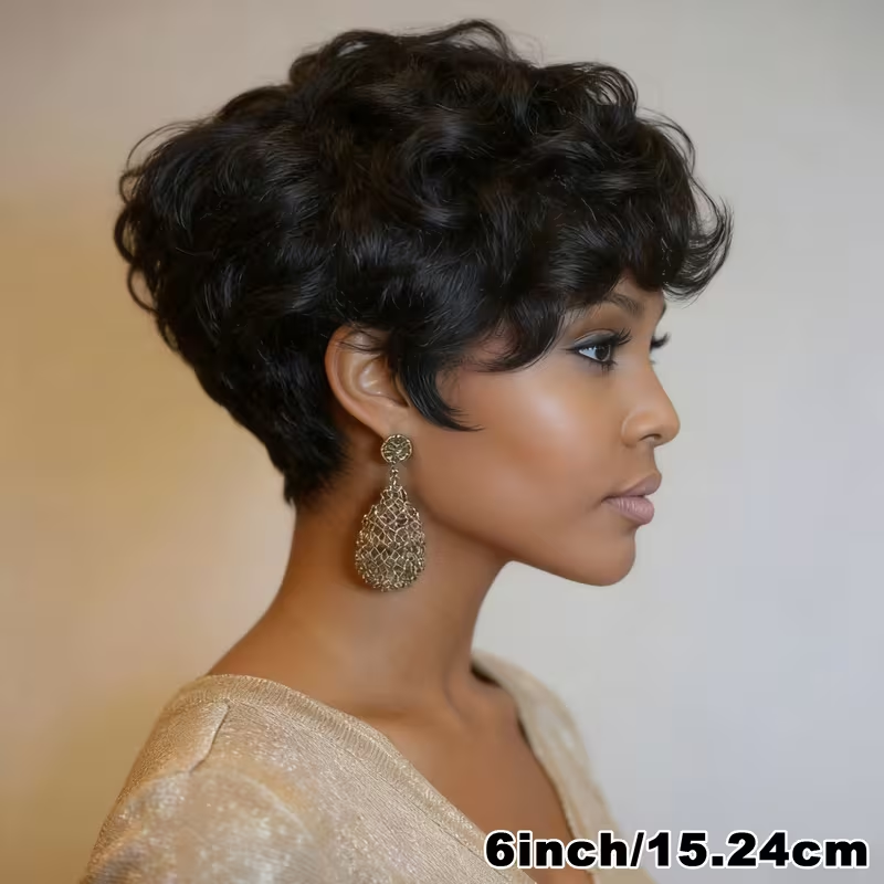 Natural Looking Remy Human Hair Wig for Women - Curly Wave Pixie Cut with 13*4*1 Lace Front, 150% Density Loose Curly Wavy Hairstyle, Natural Black Hair for Parties, Holidays & Special Occasions - Full Volume & Lift