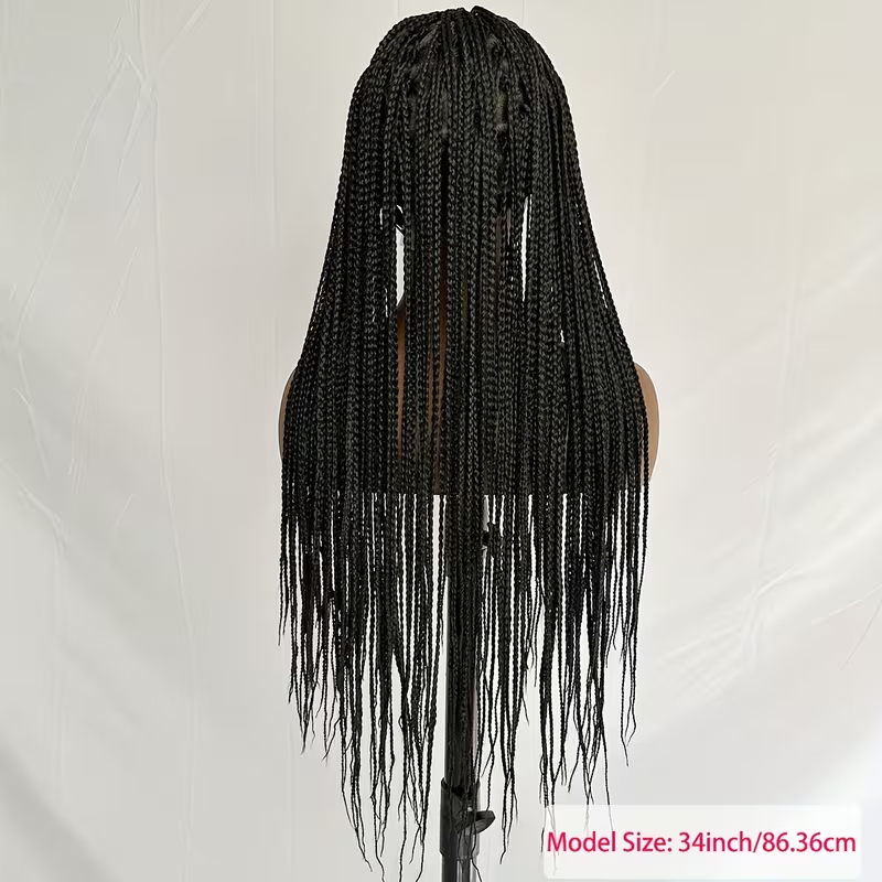 34 Inch Synthetic Full Lace Braided Wig for Women - Double Lace Front Knotless Braids with Thin Hair, Density Straight Hair, Brown Square Knotless Wig for Daily Part Use, Stylish Hair Accessory, Elegant Hairstyle, Secure Fit Wig