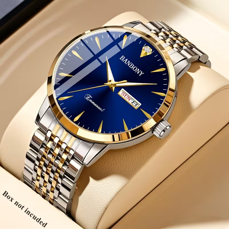 New Banbony Unisex Stainless Steel Quartz Watch with Rhinestone Accents, Water-Resistant IPX7, Sleek HD Dial, Date Display, Golden-Tone Finish - Ideal for Casual Wear, Parties, and Gifts