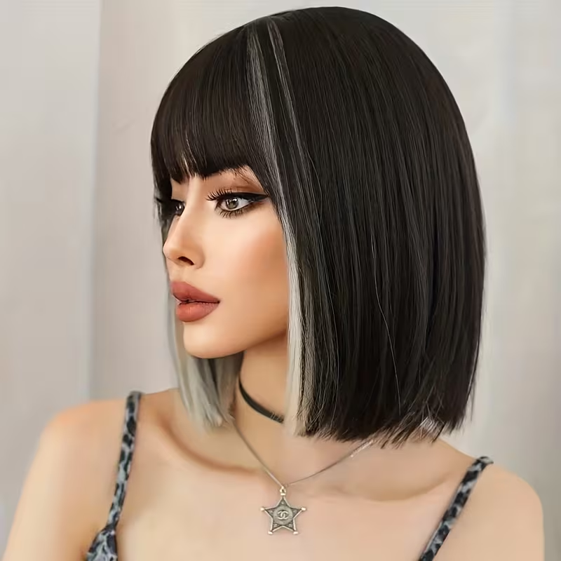 Dress up Popo Wig Short Straight White High Gloss Black Wig Suitable for Women's Daily Party Use with Bangs, Daily Wig Wearing, Women's Fashion