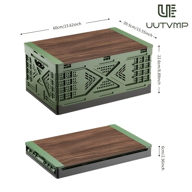 Collapsible storage box with wooden top—foldable, stackable, and suitable for outdoor camping, patio use, kitchen storage, and more.
