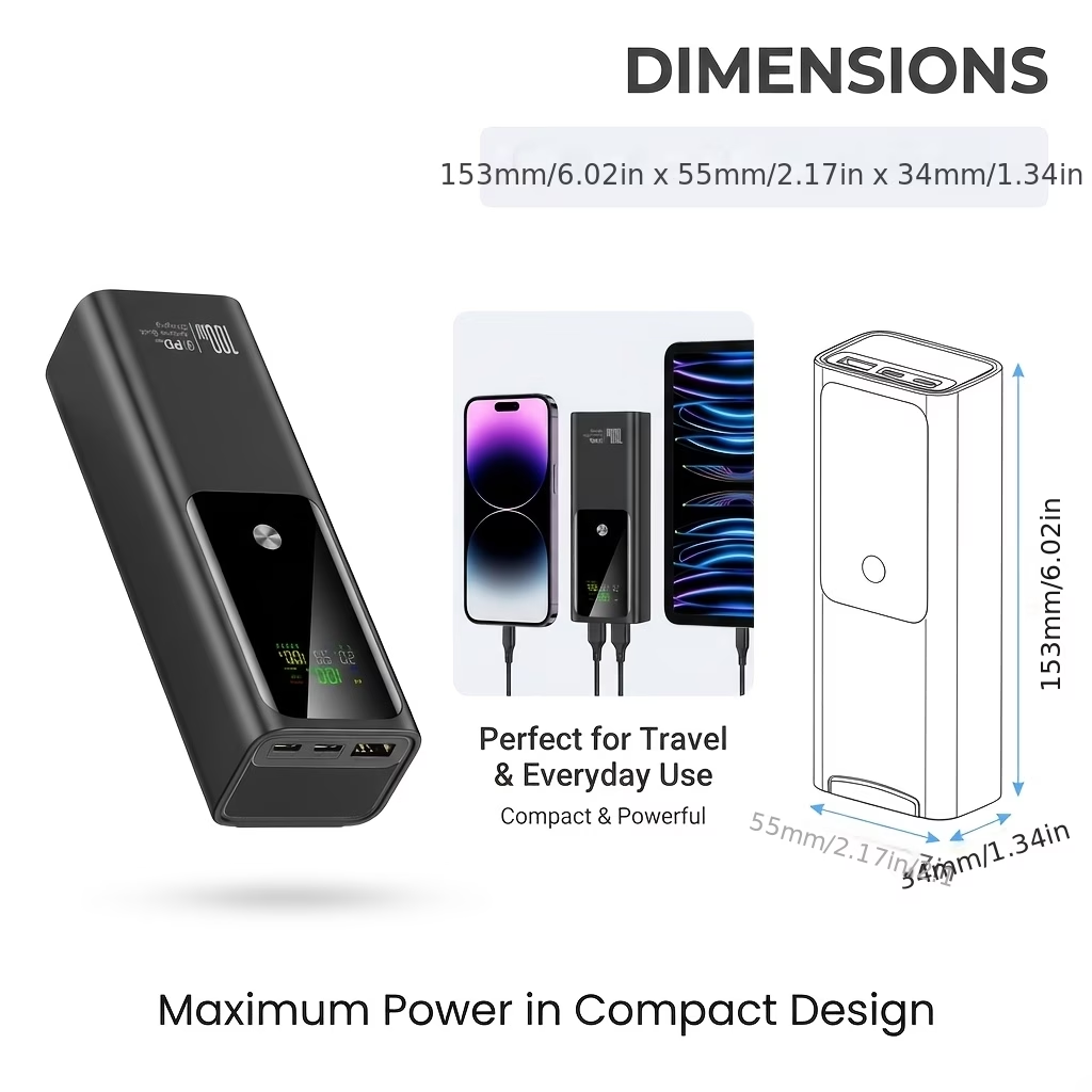 20000Mah 100W Ultra-Fast Charging High-Capacity Power Bank, Portable Charger & Iphone Charger Featuring LED Digital Display, Phone Additions Suitable for Laptops, Smartphones, Watches, Headphones, Perfect for Home, Office, And Outdoor Use