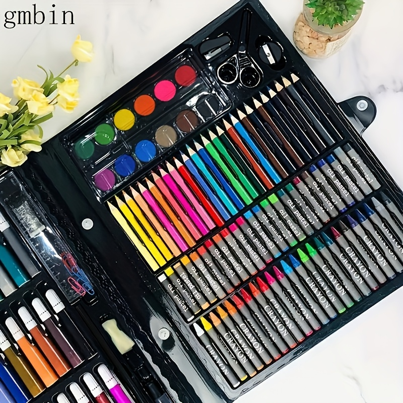 Paintbrush, watercolor, crayon, and wax stick drawing tool set; school supplies drawing set; black drawing set.