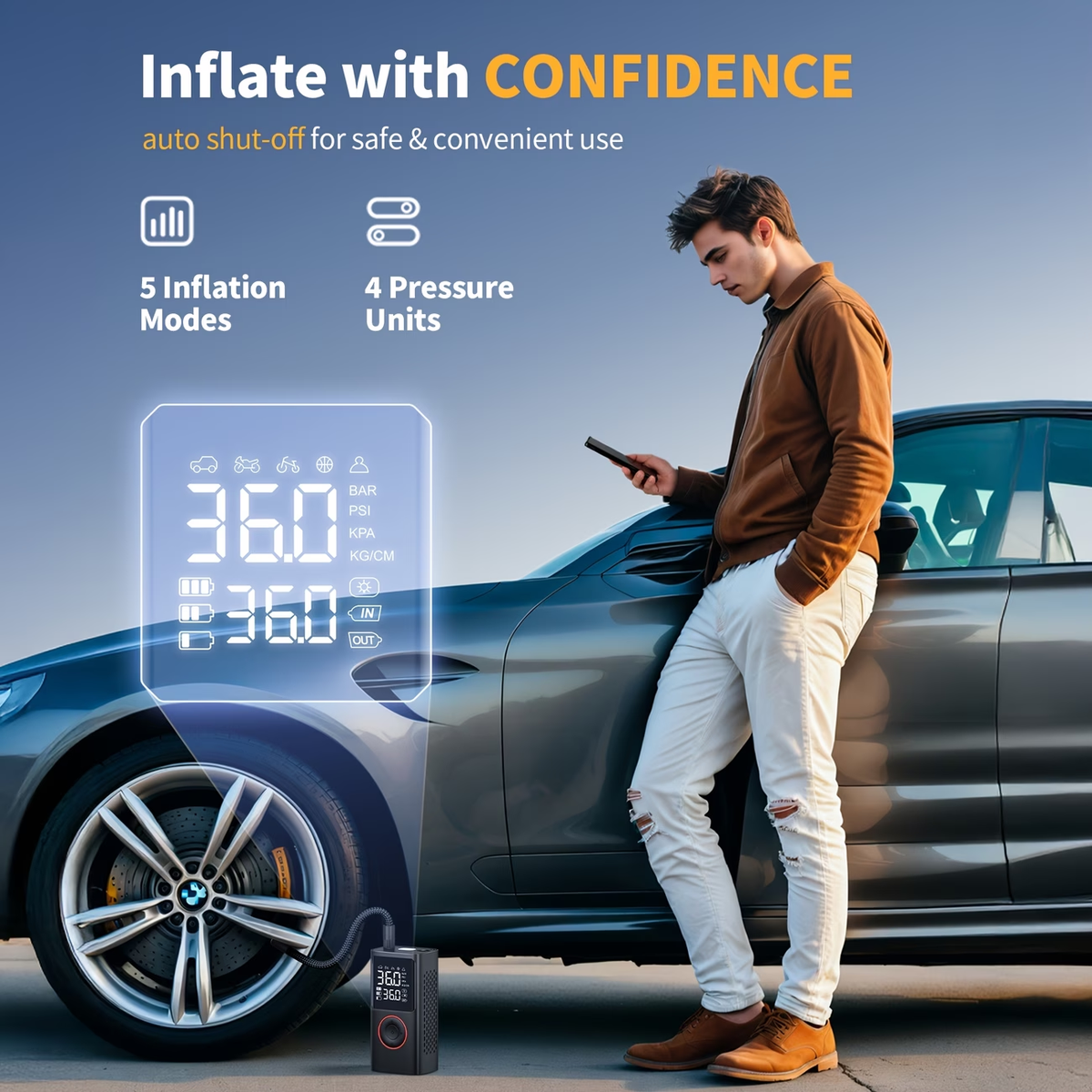 Holiday Special! [Cordless Tire Inflator] Portable Tire Inflator - Cordless Air Compressor with Digital Gauge & LED Light, USB Rechargeable, 3X Fast Inflation for SUV, Cars, Bikes, Motorcycles & Sports Equipment And Ball