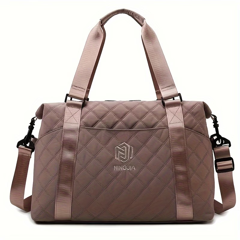 Large Capacity Quilted Travel Duffel Bag with Rhombus Pattern, Solid Color Overnight Carry-On Tote with Multiple Storage Pockets