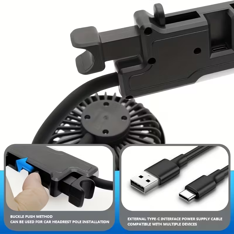 A Dual-Head Hose Fan for Cars, Featuring a USB Interface for The Rear Seat, Offers 360° Rotation And Three-Speed Strong Airflow. This USB Device Is Designed for Cooling in Vehicles And Is Also Compatible with Laptops