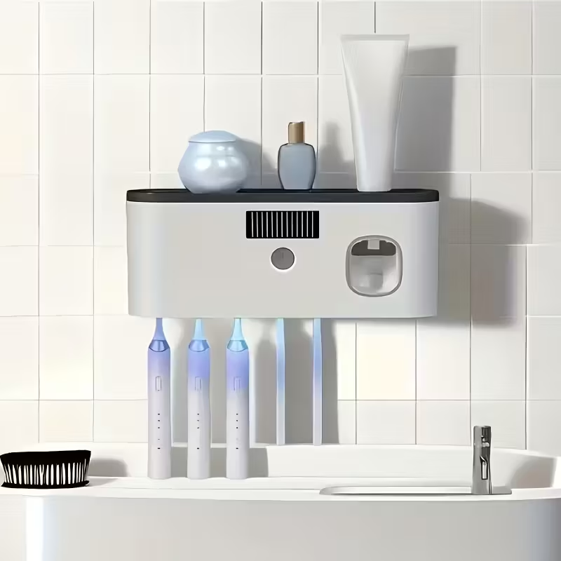 1pc Smart Toothbrush Organizer, Bathroom Toothbrush Display And Storage, with Automatic Toothpaste Dispenser - Wall-Mounted, 5-Slot Storage, Durable Plastic, USB Rechargeable Lithium Battery, Modern Bathroom Organization And Home Decor
