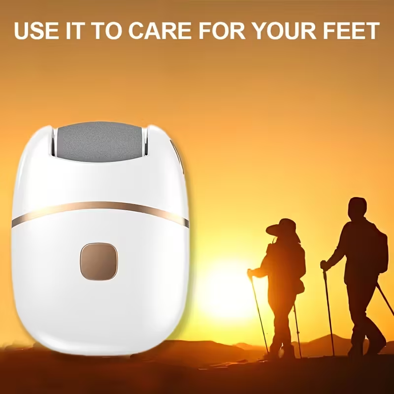 Rechargeable Electric Foot Scrubber with 6 Interchangeable Heads for Removing Dead Skin And Polishing, Powered by USB, Featuring a Smooth Two-Tone Design (White And Golden) And an Ergonomic Handle for a Comfortable User Experience.