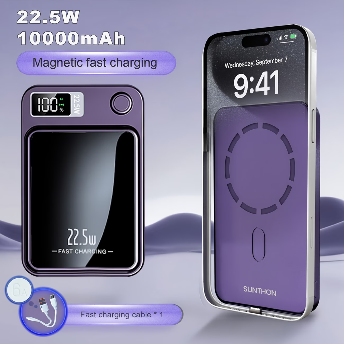 Sunthon Magnetic Wireless Charging Power Bank, 10000/5000mAh Portable Wireless Charger, 22.5W/PD20W Fast Charging Battery Pack, with LED Power Display, 2 Outputs And Dual Input External Battery Pack for iPhone 17/16/15/14/13/12 And Android Universal