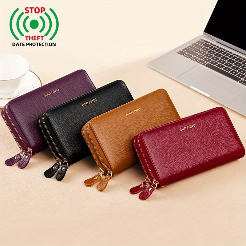 Women'S Long Wallet, Stylish And Spacious, Made of Top-Layer Cowhide, Double Zipper Genuine Leather Clutch Bag 9009