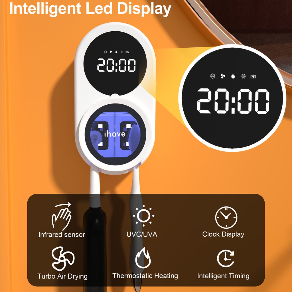 TURAOHU Toothbrush Sanitizers with Negative Ions, Featuring a Dual-Slot Design for Heated And Fan Drying, a Portable Rechargeable UV Holder, an LED Smart Display, And a Wall-Mounted Option for Bathrooms