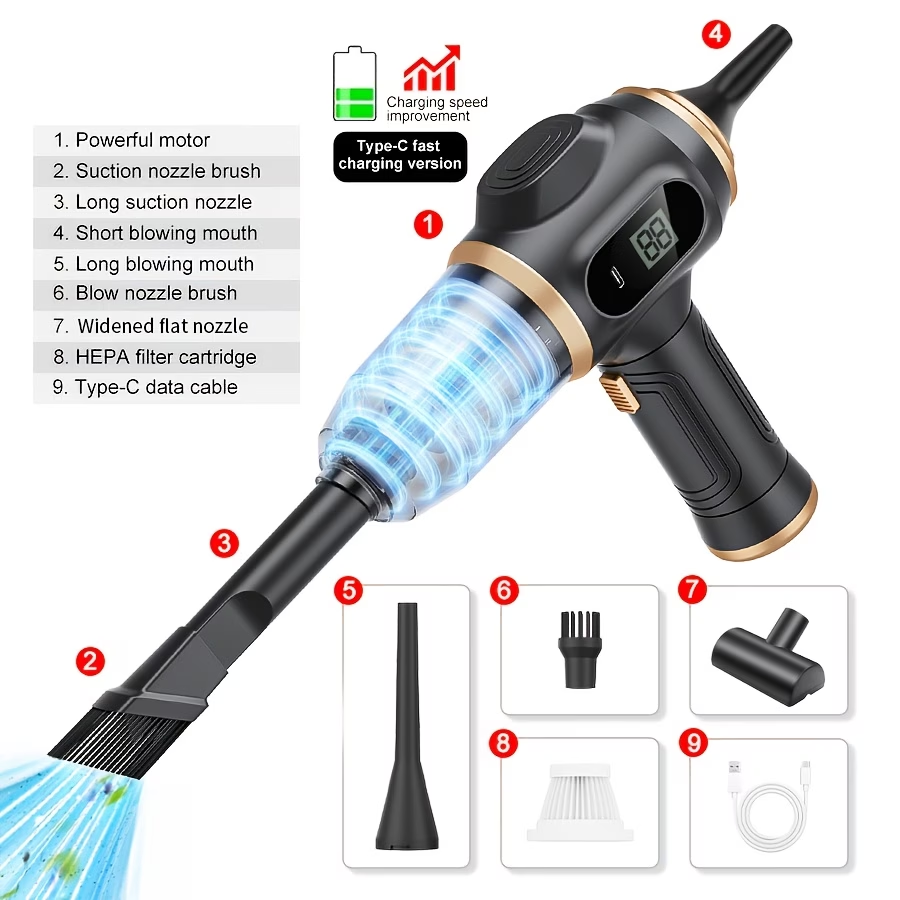 High-Power Handheld Vacuum Cleaner with Strong Suction - Fast Cleaning, Includes Crevice Tool & Multiple Accessories and Brushes, USB Charging, Blowing and Sucking Function, for Home and Car Use, Hair Removal, Quick Cleanup, Ergonomic Grip