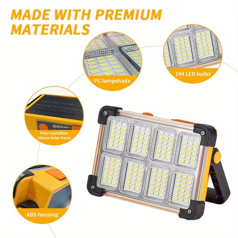 1pc 144 LED Bead 8-Grid Emergency Light, Solar-Powered Searchlight with 5 Lighting Modes, USB Charging Function, Long-Lasting Battery, IP66, Portable Floodlight, Transparent Grid Surface Design with Black/Yellow Handle, Magnetic Base Emergency
