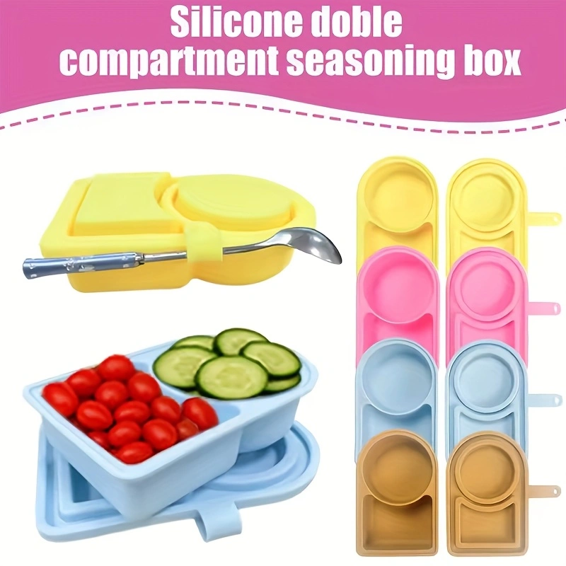 Food-grade silicone dip container with portable lid, reusable double compartment seasoning box, silicone snack box