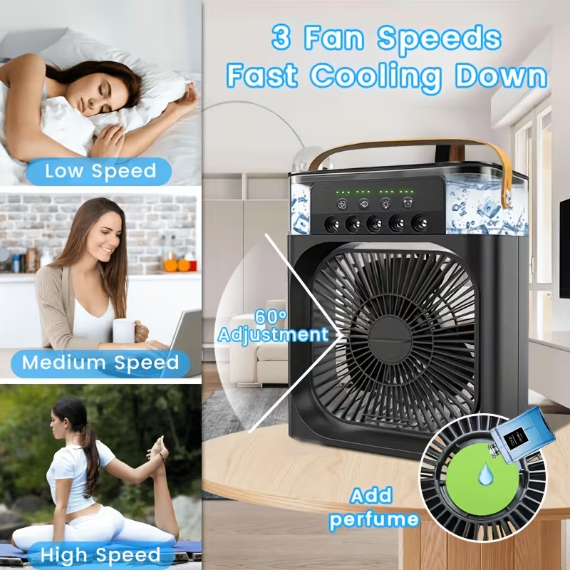 Portable Air Conditioner Five Hole Portable Fan Cooling Spray Fan Five Hole Humidification, Three Speed Adjustable, Fast Cooling, 20.29oz Large Capacity Water Tank, Five Nozzles, Adjustable Fog Volume, Three in One Blowing/cooling