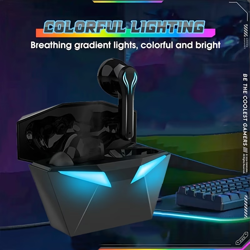 [Gaming Earbuds] 40H Wireless Bluetooth Gaming Earbuds | Blue Light Headset with 3D Surround Sound, Touch Control, Blue LED Eyes - Perfect for Streamers & Gamers